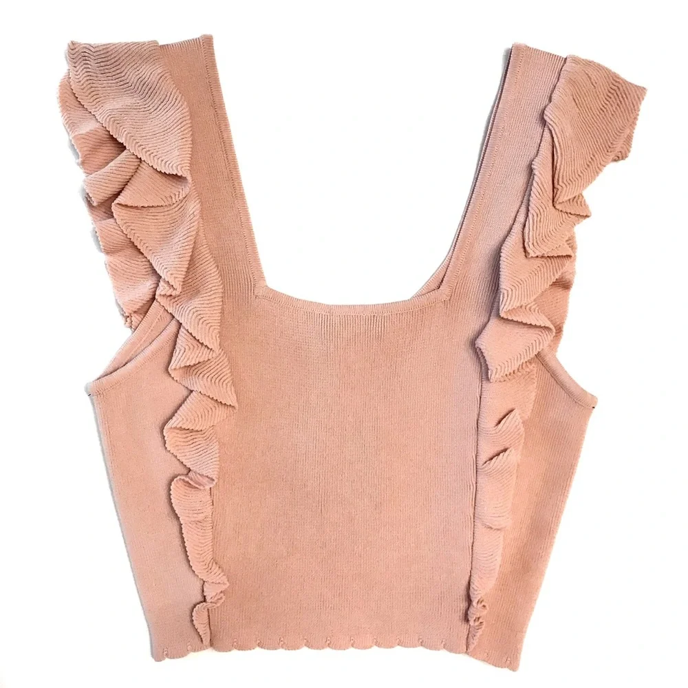 πHPπ bebe Pastel Pink Sleeveless Cropped Sweater Top with Ruffles - Picture 2 of 8